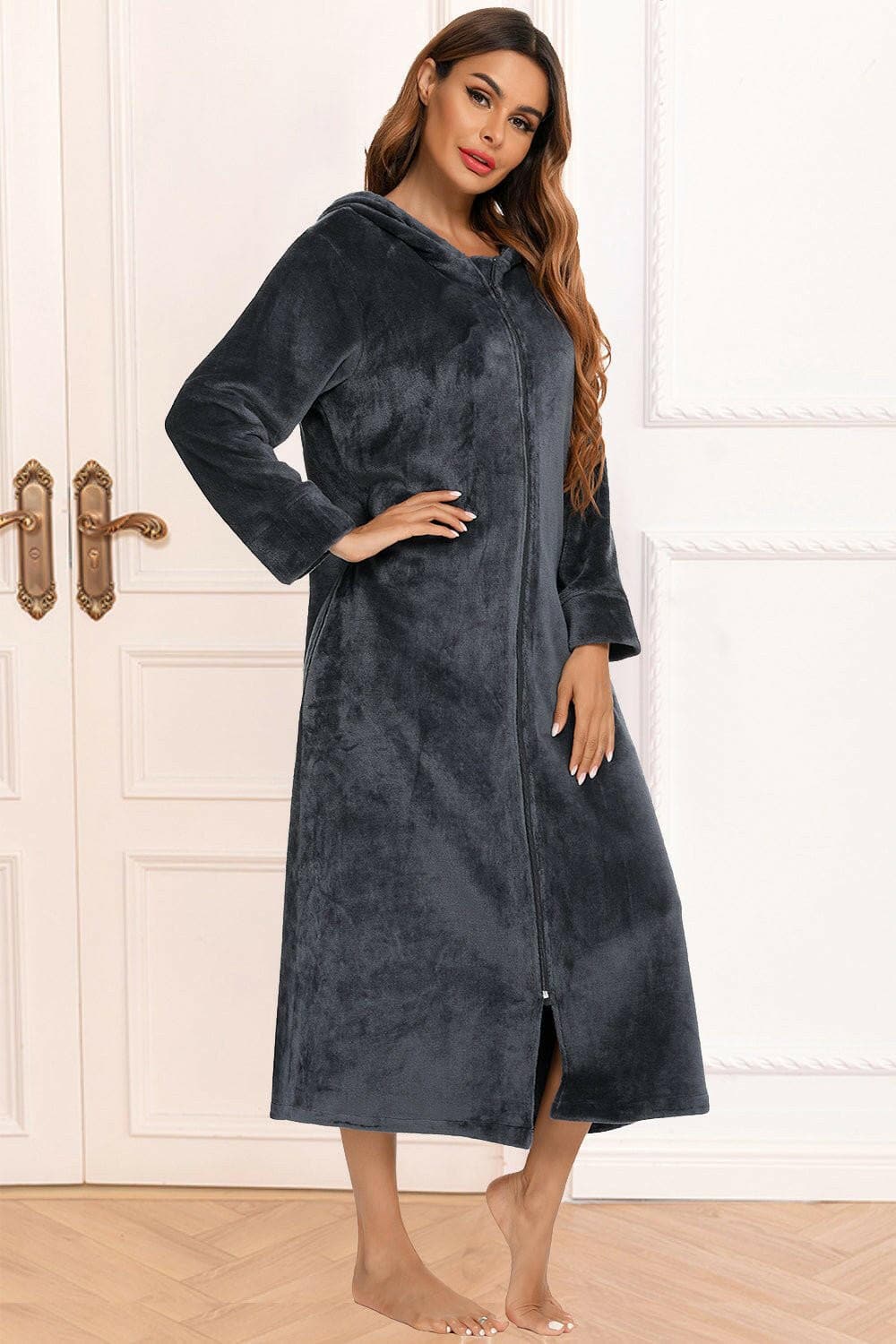 Zip Front Hooded Night Dress with Pockets - Love Salve