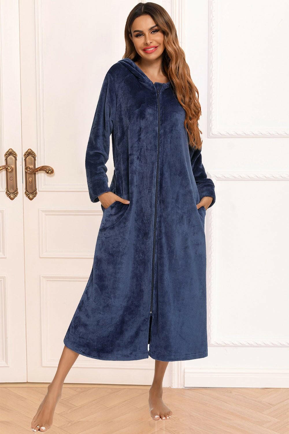 Zip Front Hooded Night Dress with Pockets - Love Salve