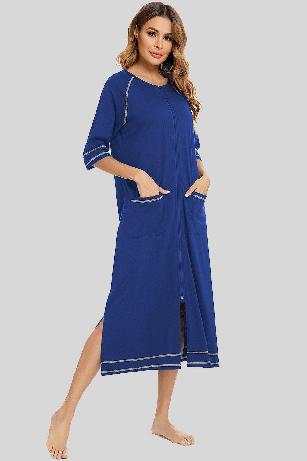 Night Dress with Zipper Closure, Slit Detail, and Handy PocketsNight Dress with Zipper Closure, Slit Detail, and Handy Pockets
 Upgrade your nighttime style with our versatile Night Dress, designed to provide comfort and sophistLove Salve Zipper Closure, Slit Detail,swimwear