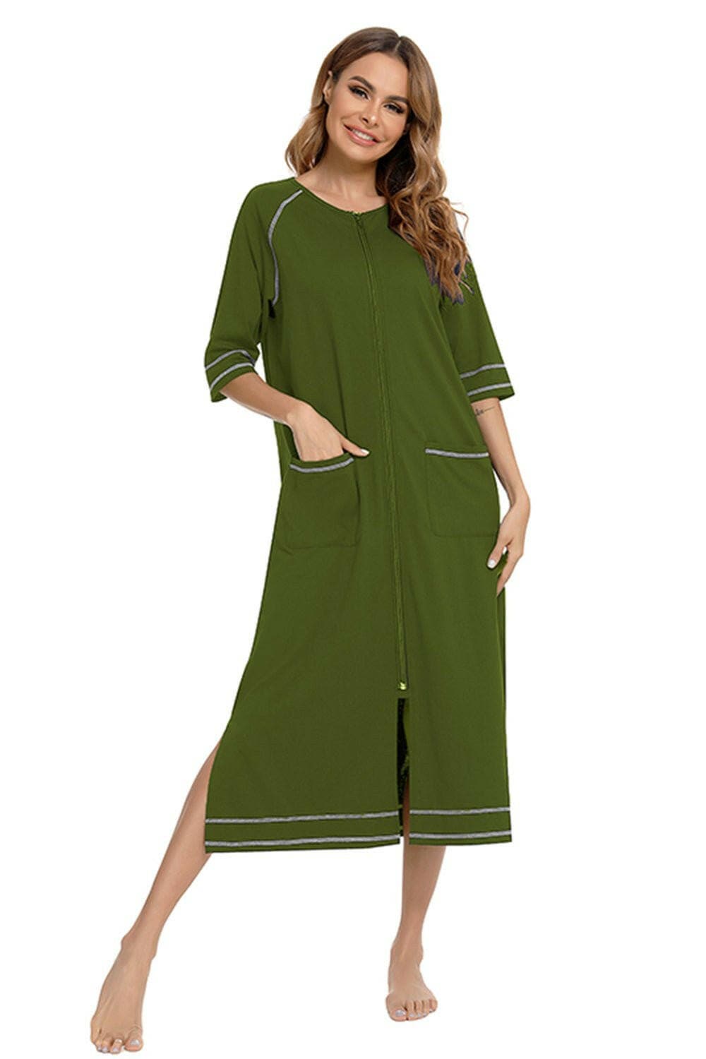 Night Dress with Zipper Closure, Slit Detail, and Handy PocketsNight Dress with Zipper Closure, Slit Detail, and Handy Pockets
 Upgrade your nighttime style with our versatile Night Dress, designed to provide comfort and sophistLove Salve Zipper Closure, Slit Detail,swimwear