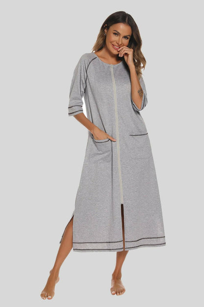 Night Dress with Zipper Closure, Slit Detail, and Handy PocketsNight Dress with Zipper Closure, Slit Detail, and Handy Pockets
 Upgrade your nighttime style with our versatile Night Dress, designed to provide comfort and sophistLove Salve Zipper Closure, Slit Detail,swimwear