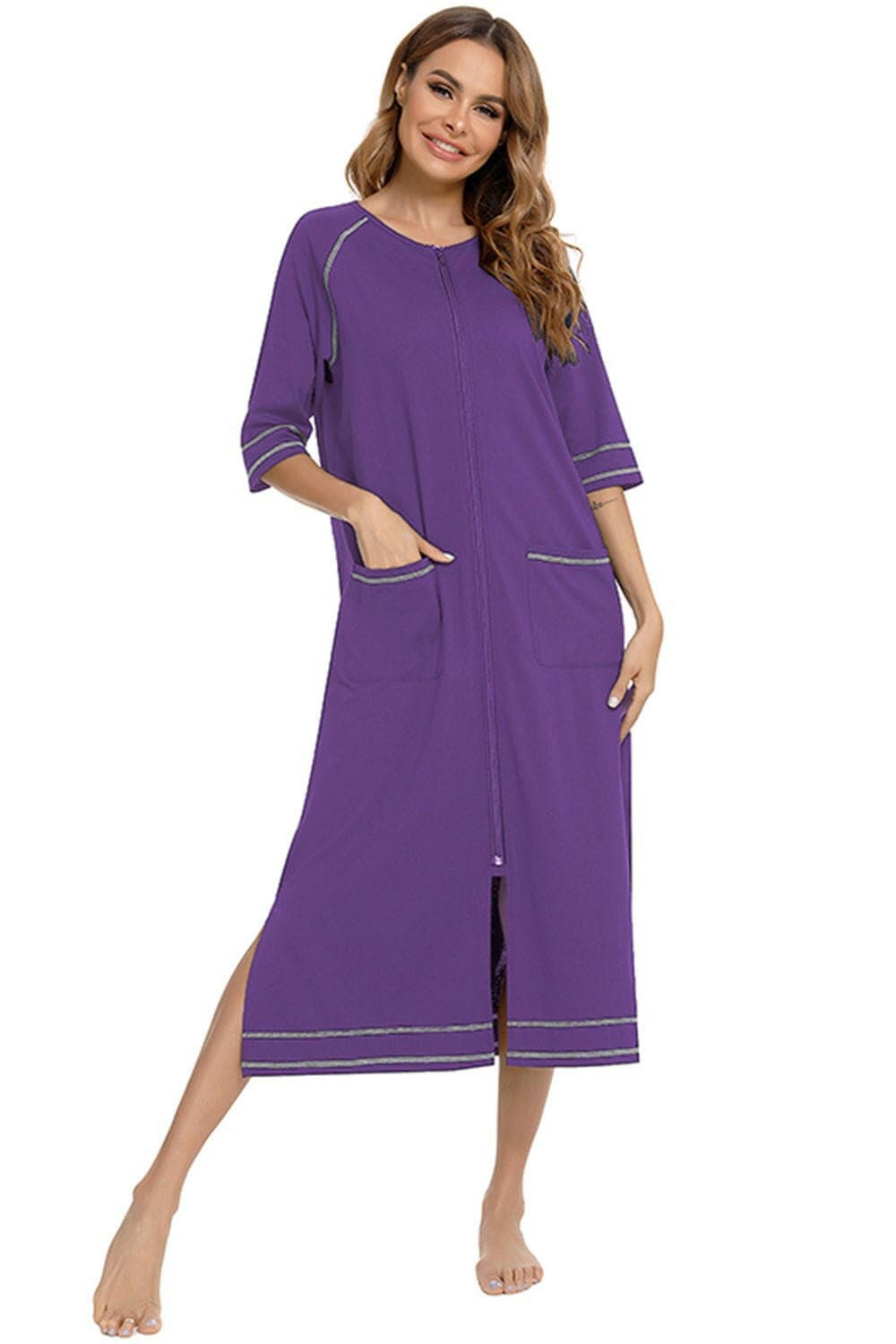 Night Dress with Zipper Closure, Slit Detail, and Handy PocketsNight Dress with Zipper Closure, Slit Detail, and Handy Pockets
 Upgrade your nighttime style with our versatile Night Dress, designed to provide comfort and sophistLove Salve Zipper Closure, Slit Detail,swimwear