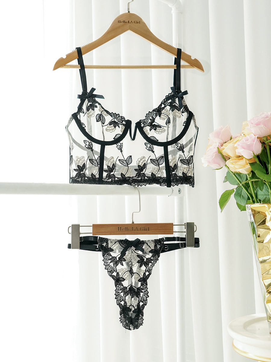 Black Floral Embroidery Bustier Straps Lingerie Set for Seduction