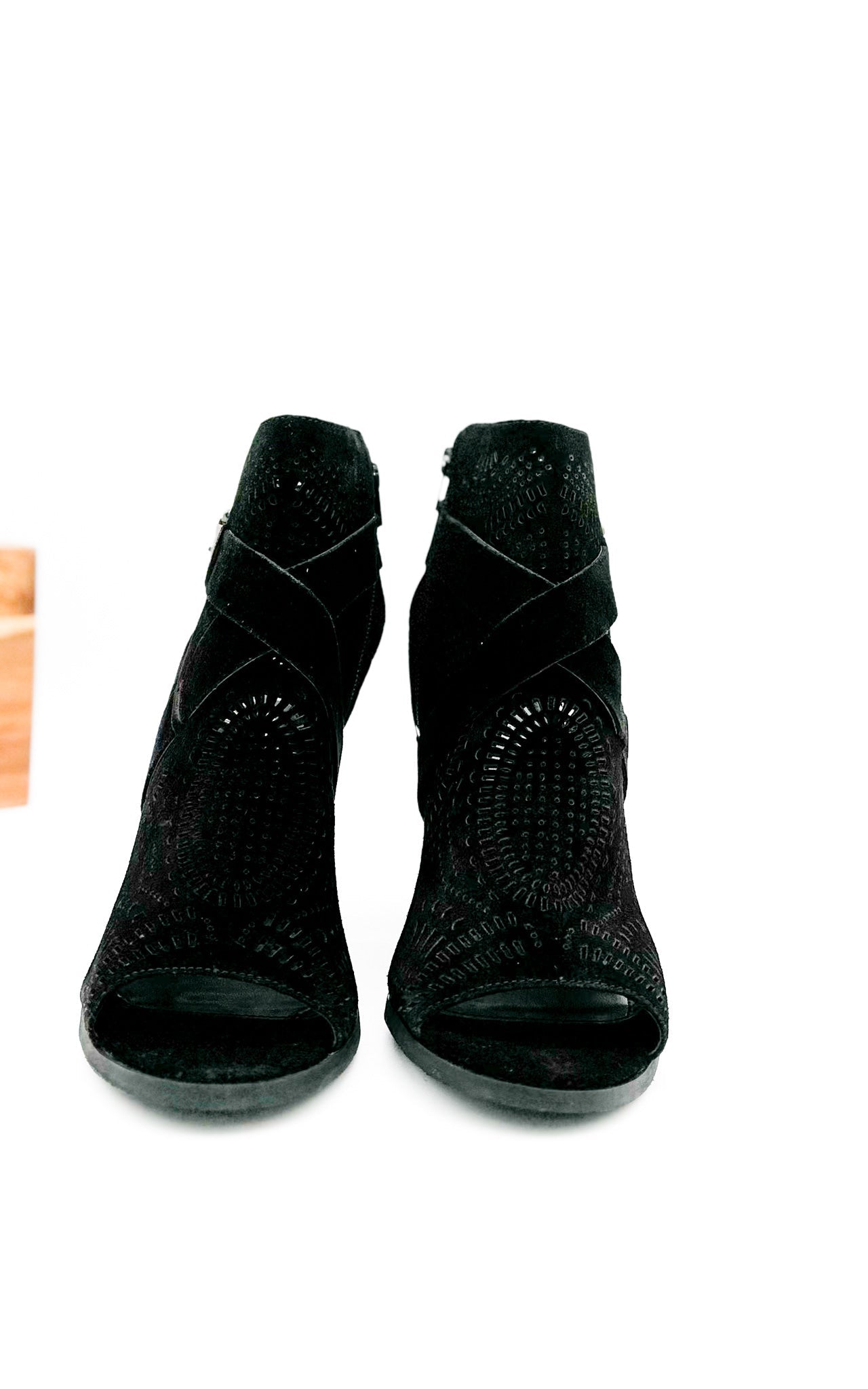 Zuzanna Black Heeled Sandal Criss Cross Laser Cut Design Naughty Monkey