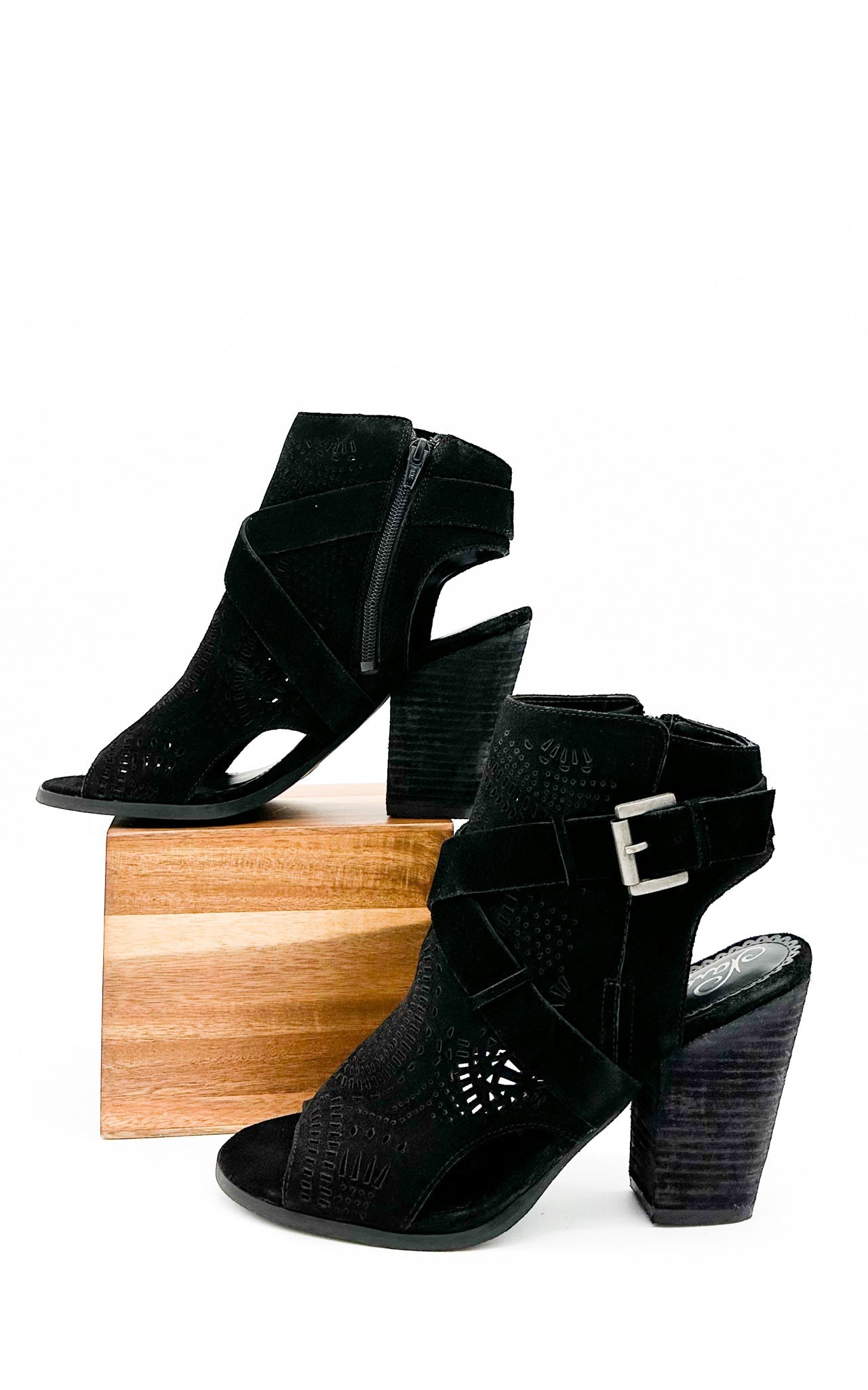 Zuzanna Black Heeled Sandal Criss Cross Laser Cut Design Naughty Monkey