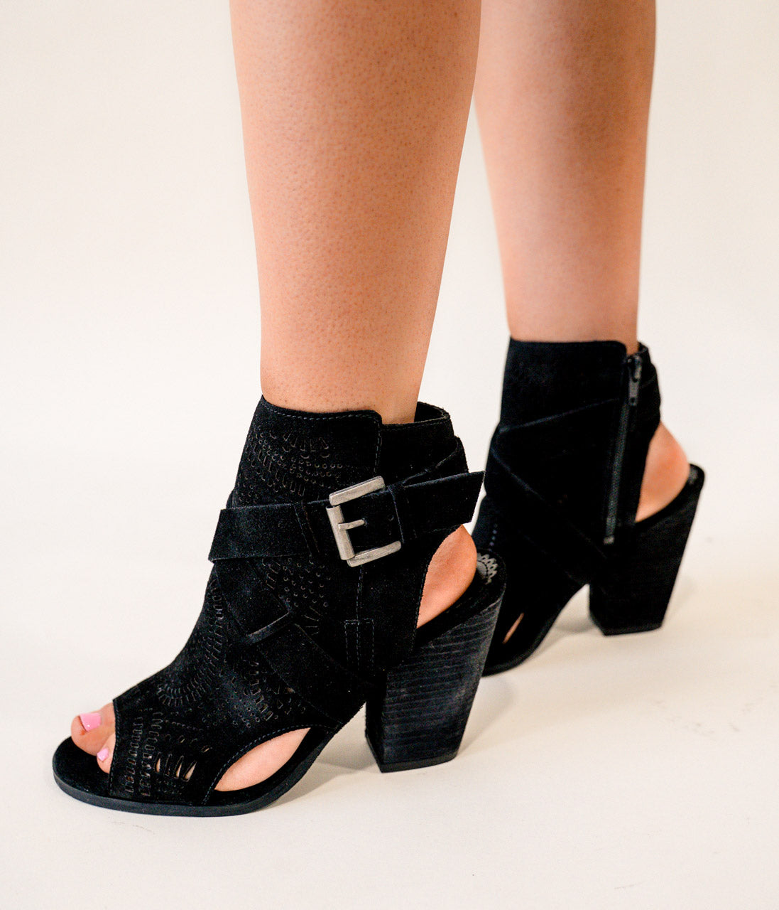 Zuzanna Black Heeled Sandal Criss Cross Laser Cut Design Naughty Monkey