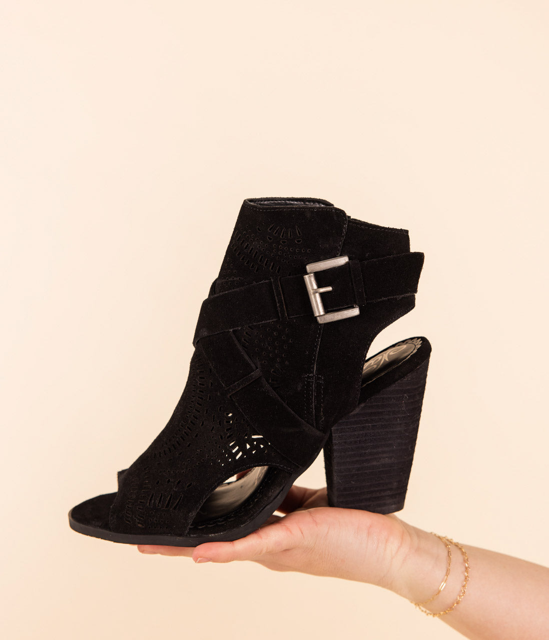 Zuzanna Black Heeled Sandal Criss Cross Laser Cut Design Naughty Monkey
