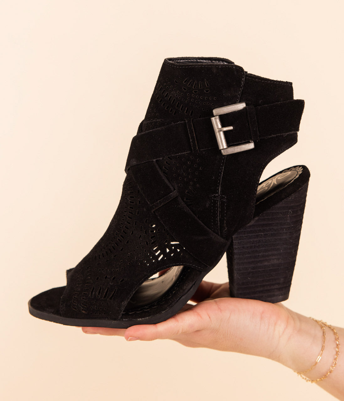 Zuzanna Black Heeled Sandal Criss Cross Laser Cut Design Naughty Monkey