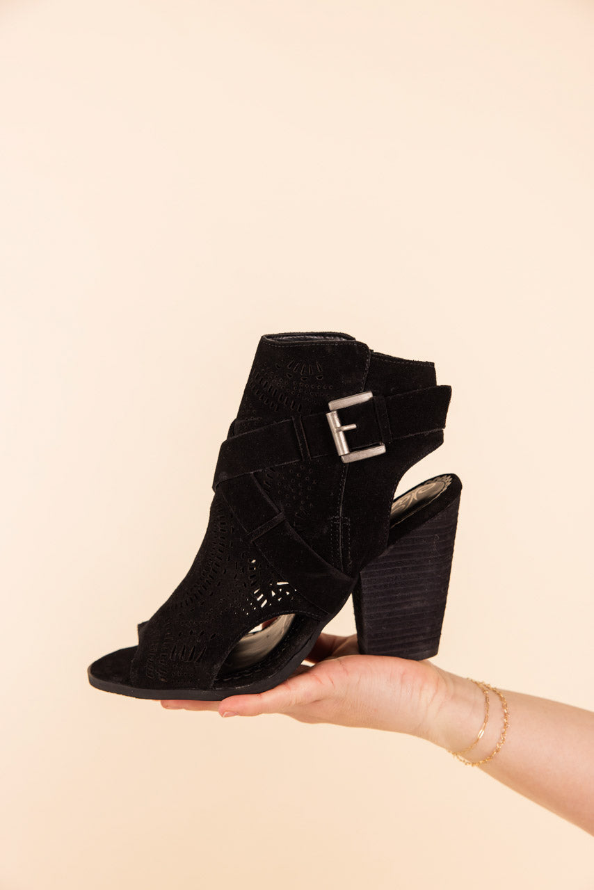 Zuzanna Black Heeled Sandal Criss Cross Laser Cut Design Naughty Monkey