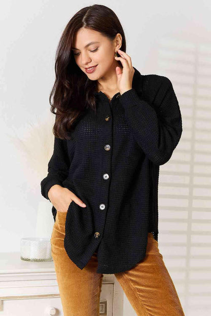 Cozy Elegance Waffle-Knit Collared Neck Dropped Shoulder Shirt - Love Salve