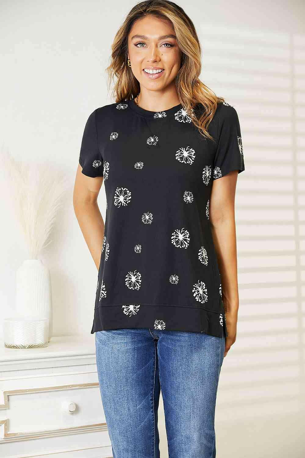 Dandelion Print Round Neck T-Shirt with Double Vision - Love Salve