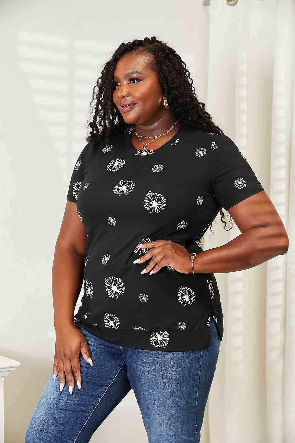 Dandelion Print Round Neck T-Shirt with Double Vision - Love Salve