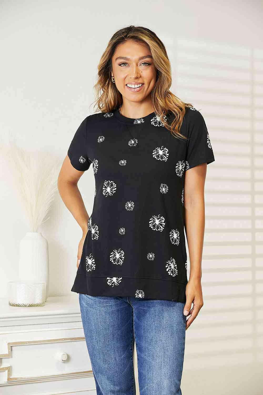 Dandelion Print Round Neck T-Shirt with Double Vision - Love Salve