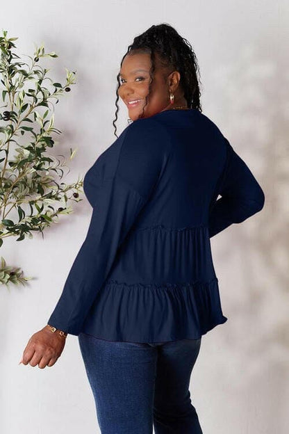 Double Take Long Sleeve Ruffle Hem Blouse with Half Button - Love Salve