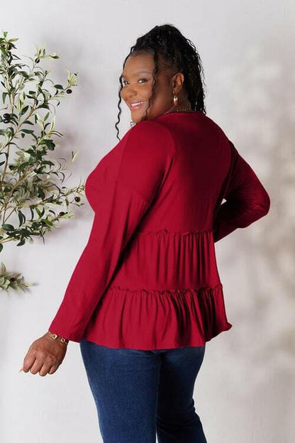 Double Take Long Sleeve Ruffle Hem Blouse with Half Button - Love Salve