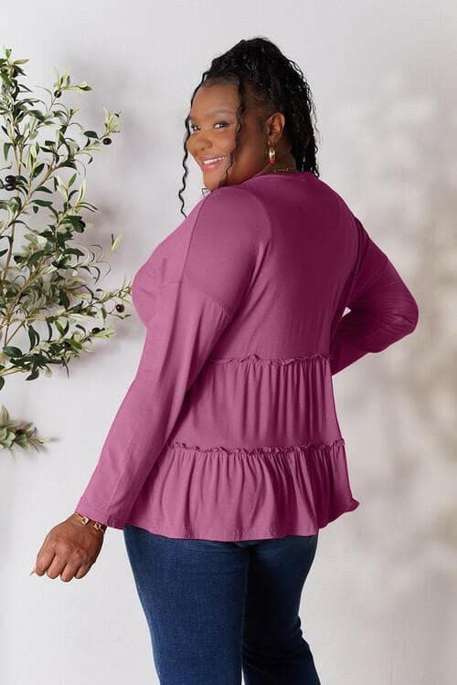 Double Take Long Sleeve Ruffle Hem Blouse with Half Button - Love Salve