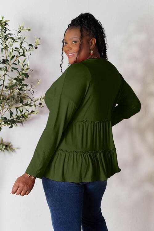 Double Take Long Sleeve Ruffle Hem Blouse with Half Button - Love Salve