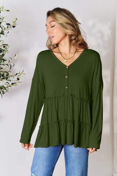 Double Take Long Sleeve Ruffle Hem Blouse with Half Button - Love Salve