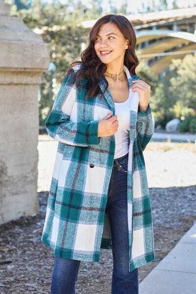 Double Vision Full Size Plaid Button Up Lapel Collar Coat - Love Salve