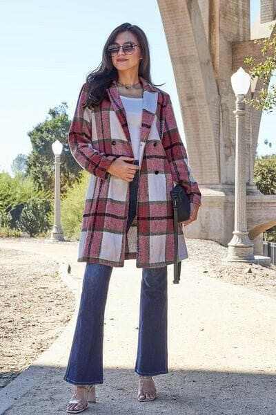 Double Vision Full Size Plaid Button Up Lapel Collar Coat - Love Salve