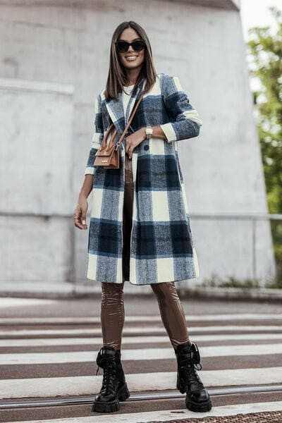 Double Vision Full Size Plaid Button Up Lapel Collar Coat - Love Salve