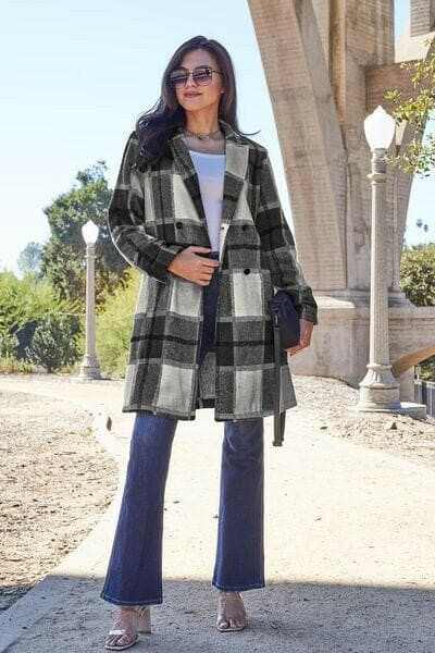 Double Vision Full Size Plaid Button Up Lapel Collar Coat - Love Salve