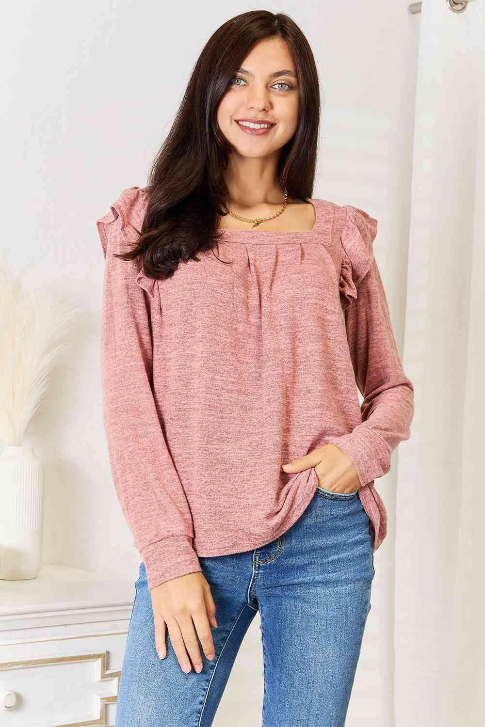 Elegant Square Neck Ruffle Sleeve T-Shirt - Love Salve