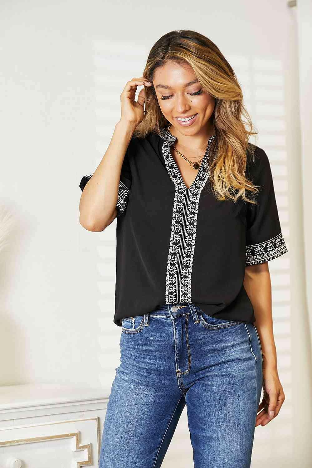 Embroidered Notched Neck Top Double Take - Love Salve