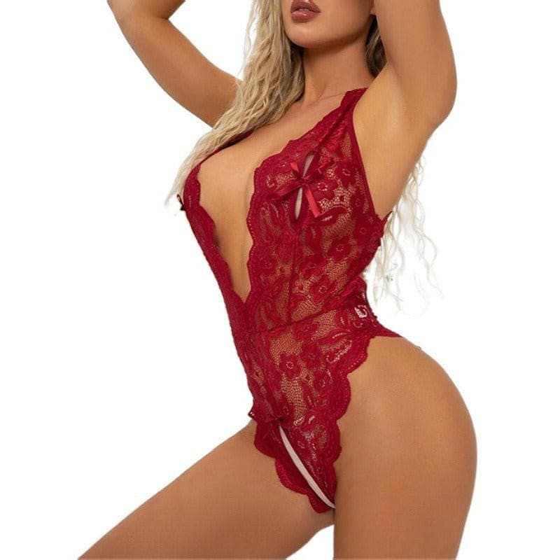 European and American Funny Underwear Women's Large Lace Open Crotch Sexy Open Back Bodysuit - Love Salve 