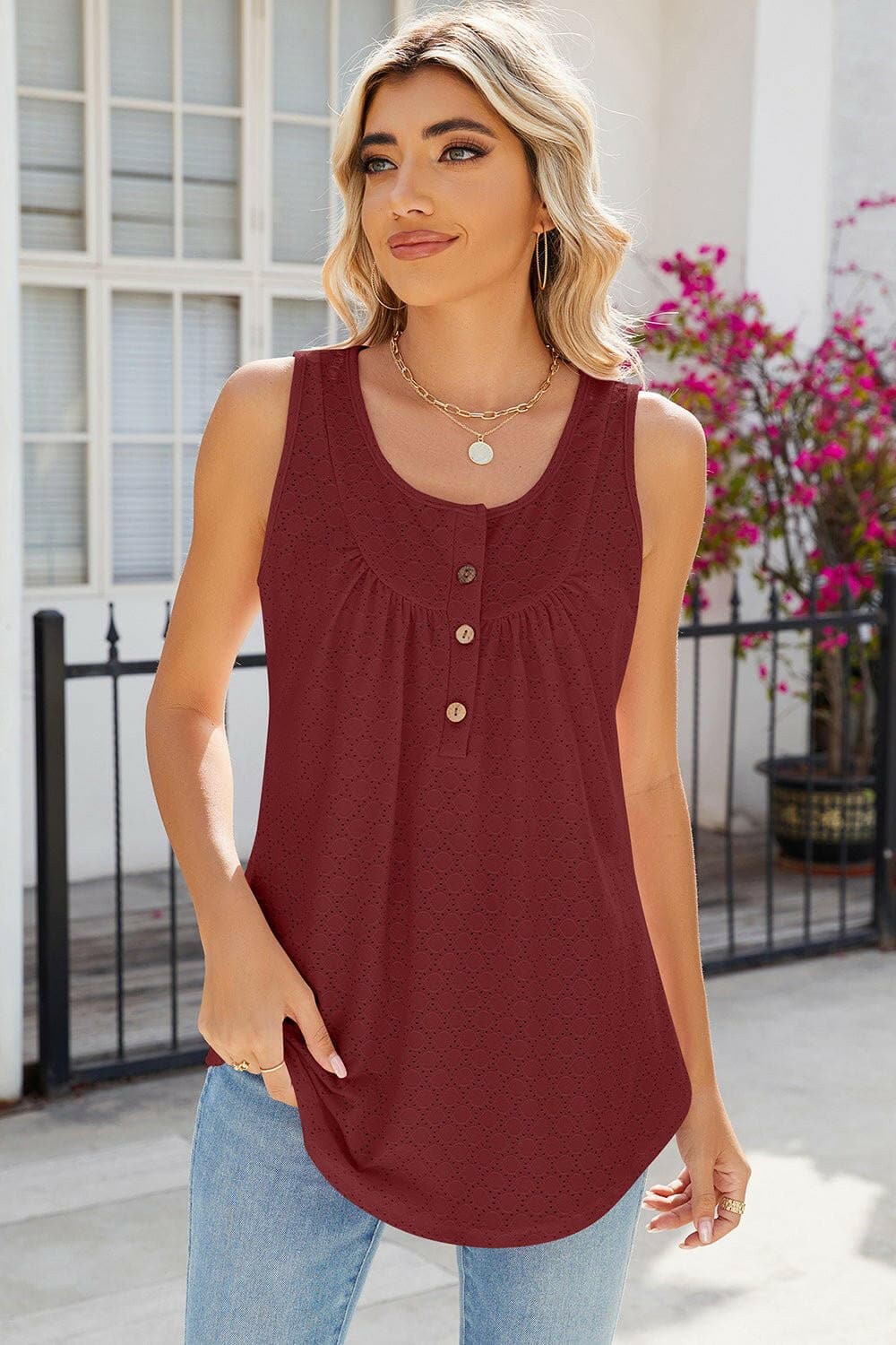 Eyelet Buttoned Round Neck Tank Top - Love Salve