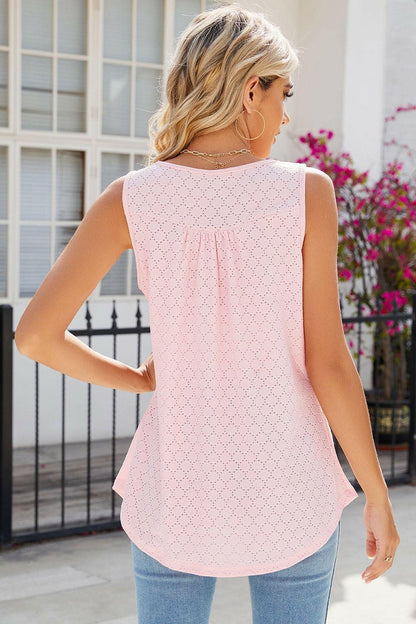 Eyelet Buttoned Round Neck Tank Top - Love Salve