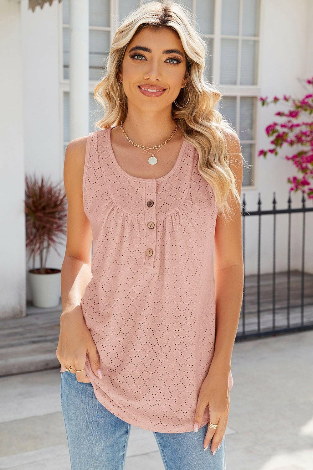 Eyelet Buttoned Round Neck Tank Top - Love Salve