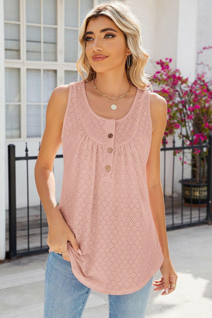 Eyelet Buttoned Round Neck Tank Top - Love Salve