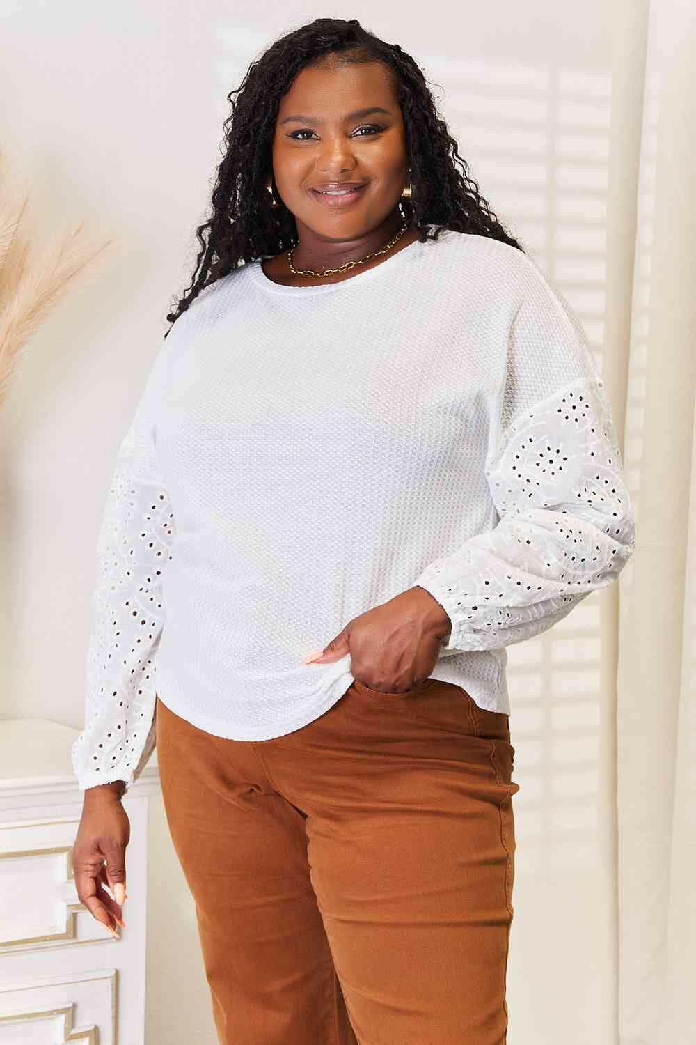 Eyelet Elegance Dropped Shoulder Blouse - Love Salve