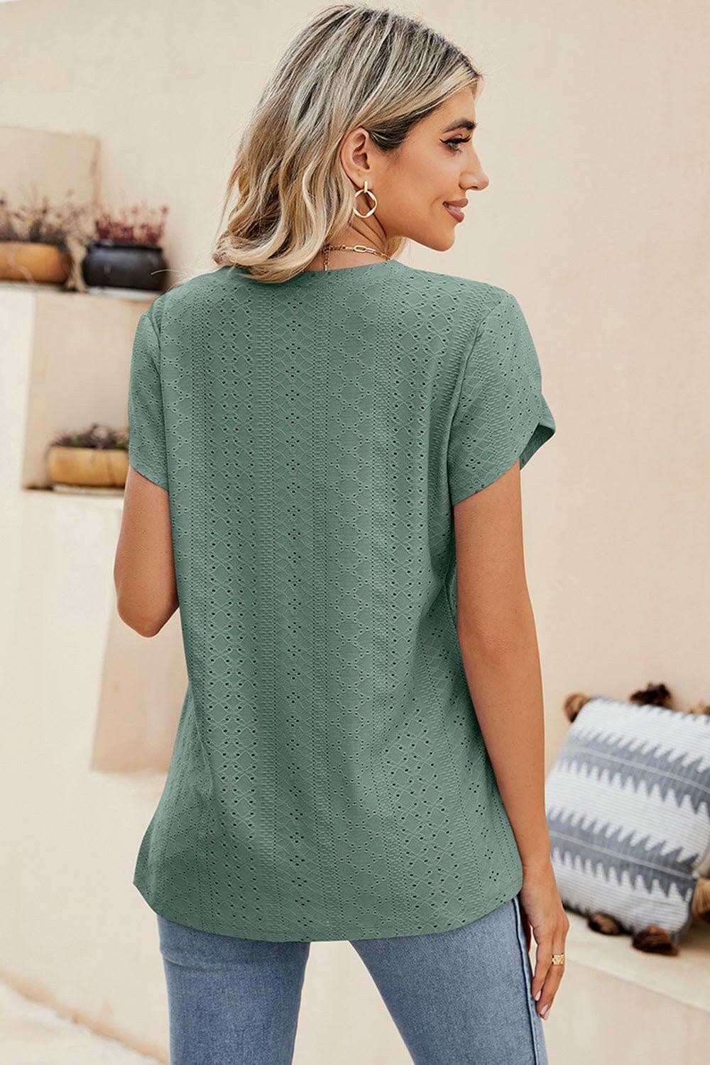 Eyelet V-Neck Petal Sleeve Top - Love Salve