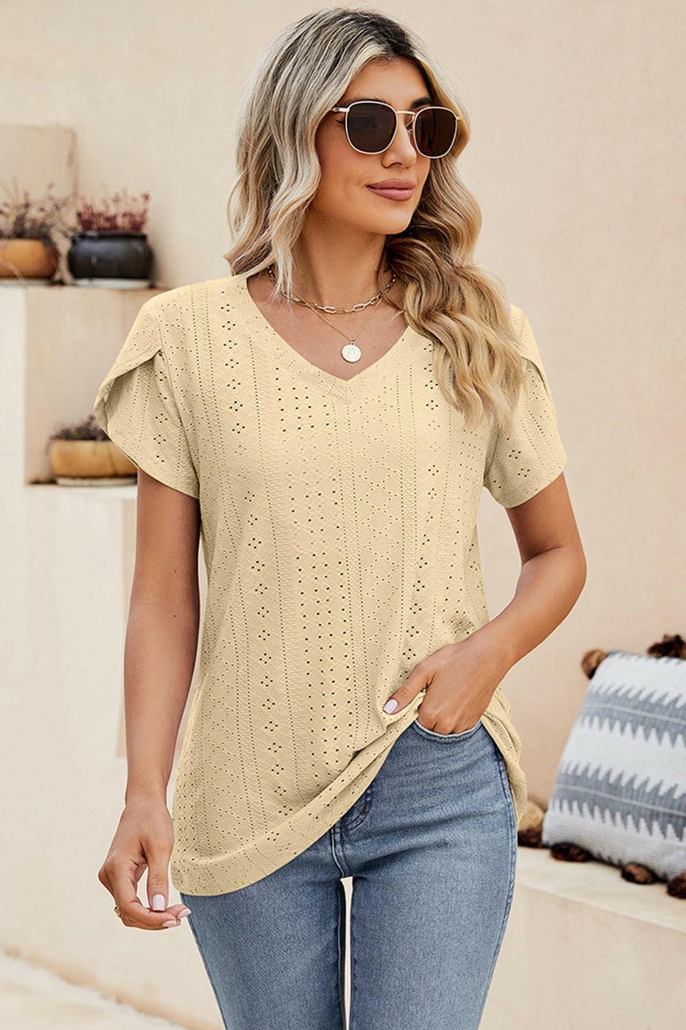 Eyelet V-Neck Petal Sleeve Top - Love Salve