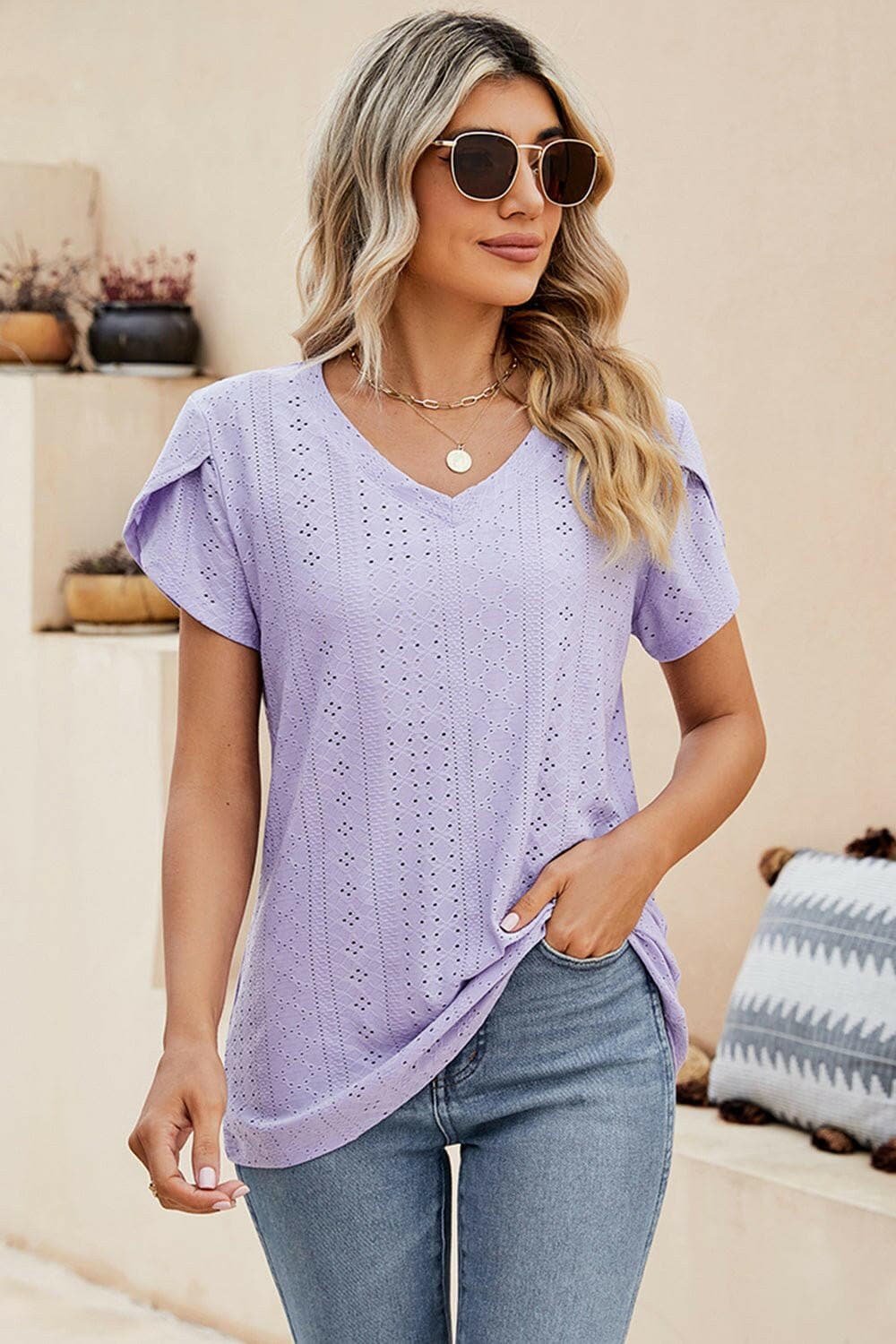 Eyelet V-Neck Petal Sleeve Top - Love Salve