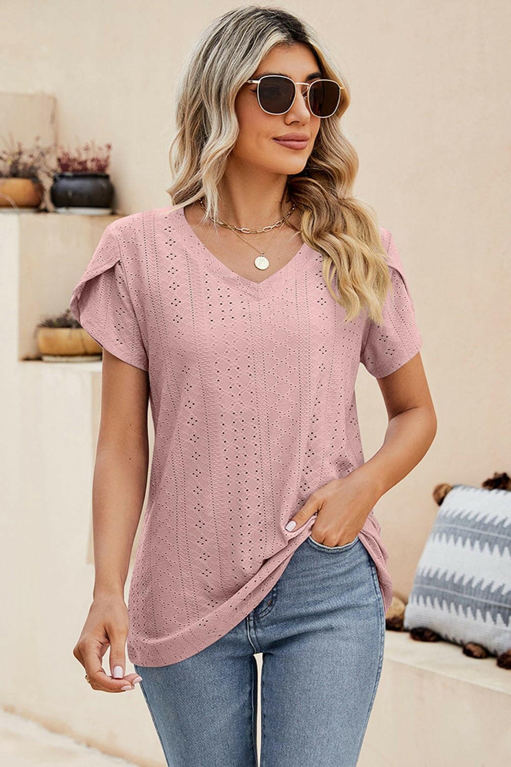 Eyelet V-Neck Petal Sleeve Top - Love Salve