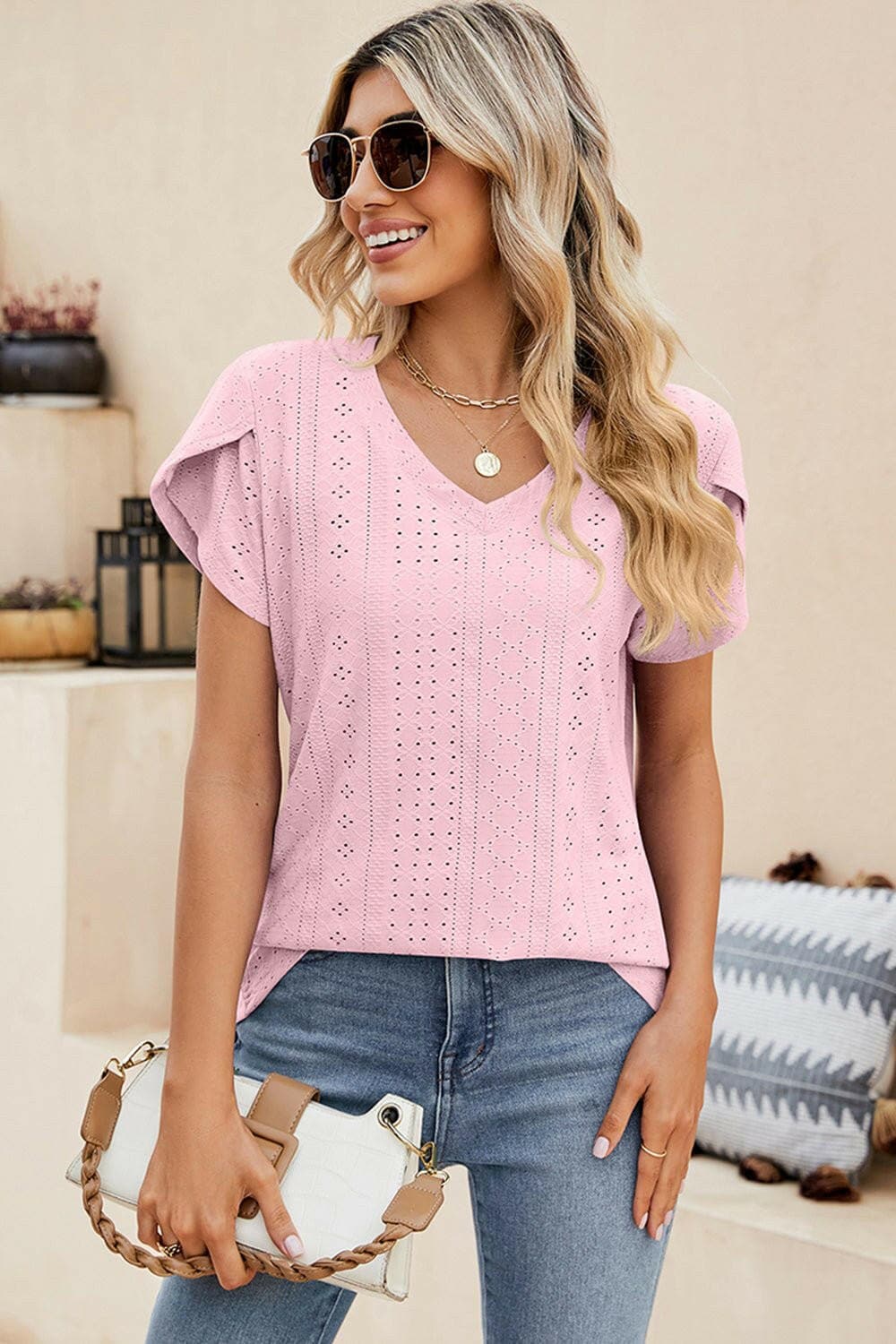 Eyelet V-Neck Petal Sleeve Top - Love Salve