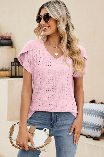 Eyelet V-Neck Petal Sleeve Top - Love Salve