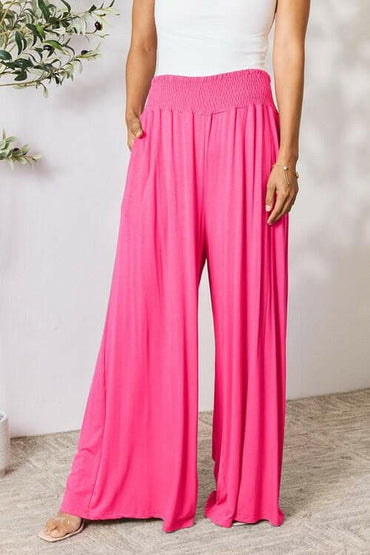 Flared Rayon Blend Wide Leg Pants with Smocked Elastic Waistband - Love Salve