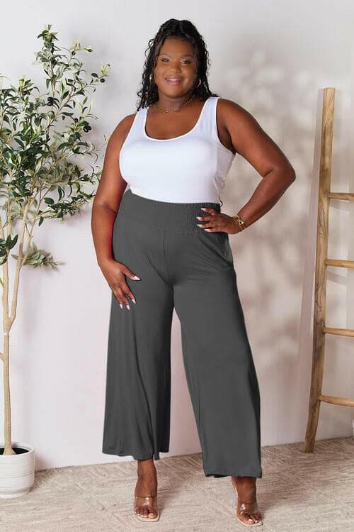 Flared Rayon Blend Wide Leg Pants with Smocked Elastic Waistband - Love Salve