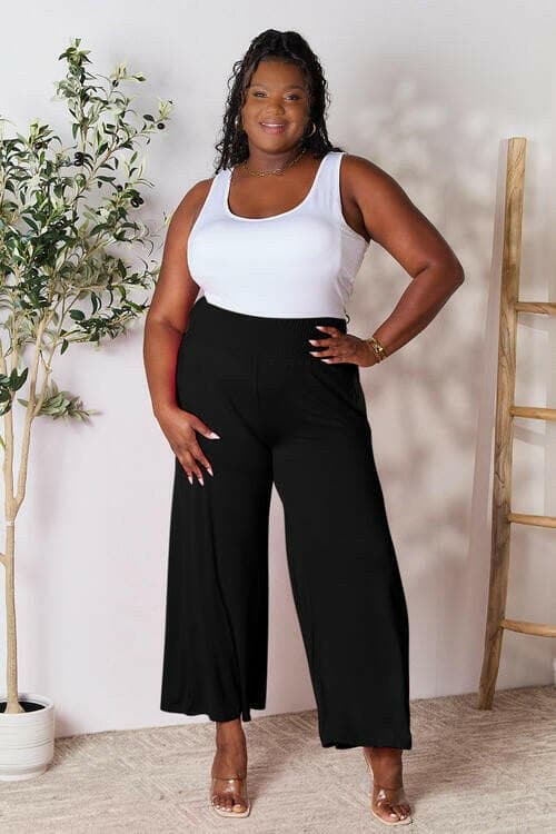 Flared Rayon Blend Wide Leg Pants with Smocked Elastic Waistband - Love Salve