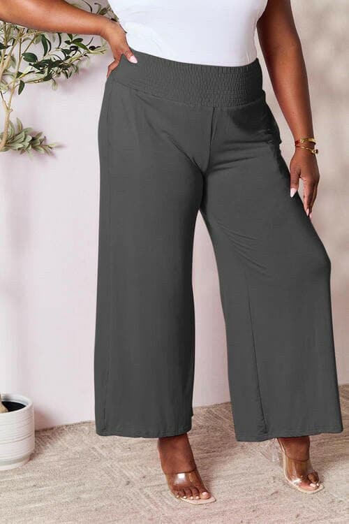 Flared Rayon Blend Wide Leg Pants with Smocked Elastic Waistband - Love Salve