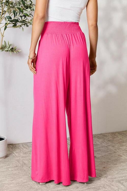 Flared Rayon Blend Wide Leg Pants with Smocked Elastic Waistband - Love Salve