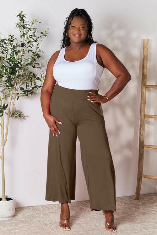 Flared Rayon Blend Wide Leg Pants with Smocked Elastic Waistband - Love Salve