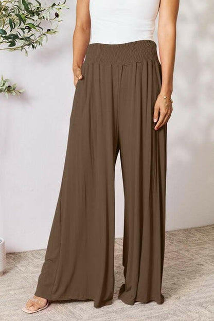 Flared Rayon Blend Wide Leg Pants with Smocked Elastic Waistband - Love Salve