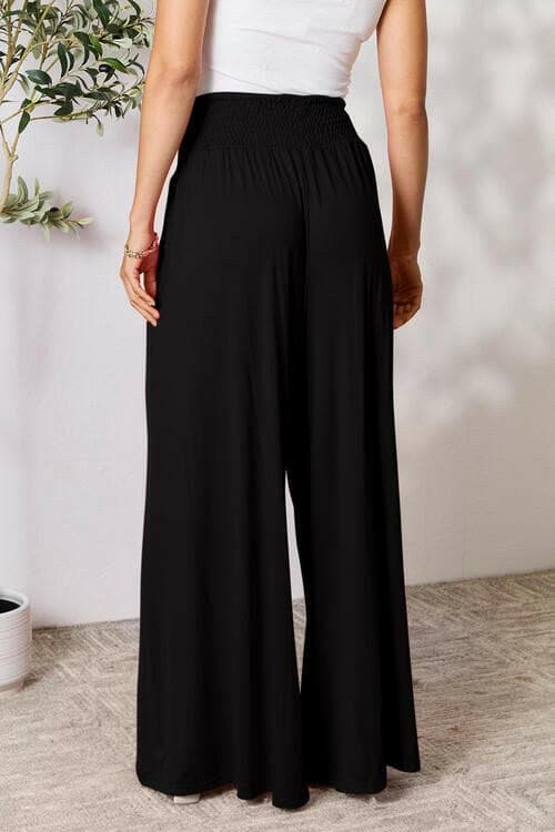 Flared Rayon Blend Wide Leg Pants with Smocked Elastic Waistband - Love Salve