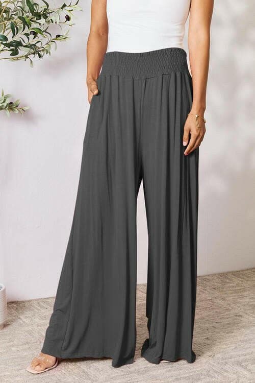 Flared Rayon Blend Wide Leg Pants with Smocked Elastic Waistband - Love Salve