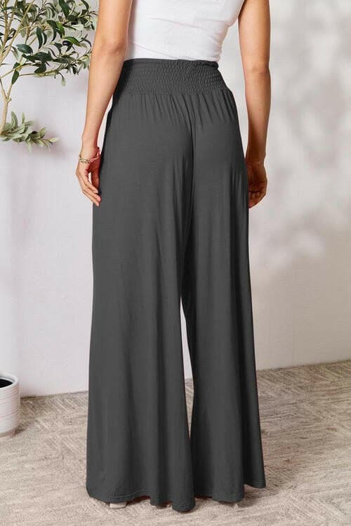 Flared Rayon Blend Wide Leg Pants with Smocked Elastic Waistband - Love Salve